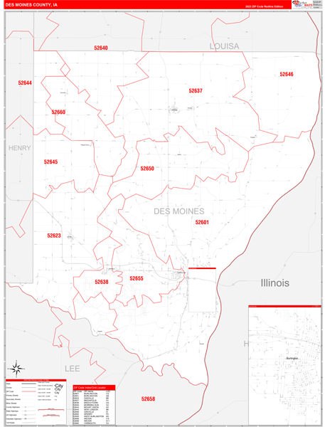 Des Moines County Wall Map Red Line Style